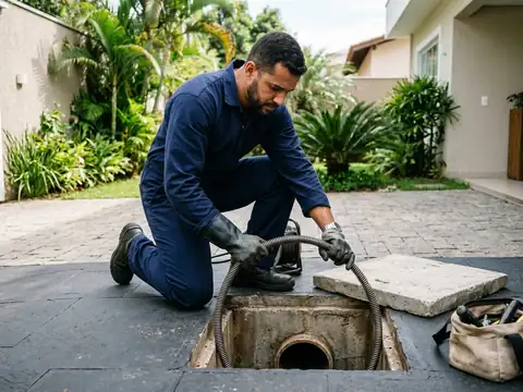 Equipamento junto a uma caixa de inspeção de esgoto