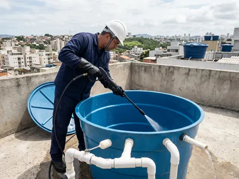 Reservatório aberto preparado para limpeza